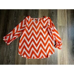 Bamboo Blouse Womens XXXL Orange White Chevron Roll Tab Sleeve Scoop Neck Top